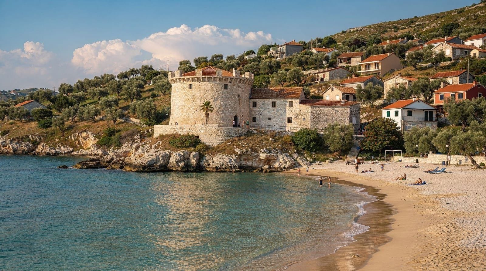 Petrovac: casco antiguo, fortaleza y los islotes frente a la costa